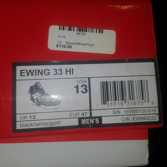 Size 13 Ewing 33 HI black/white/gum - Picture 3 of 4